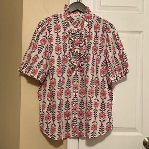 JCrew Factory printed ruffle placket blouse